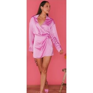 Show Me Your Mumu Pink Satin Mini Wrap Dress Long Sleeve Collared Party